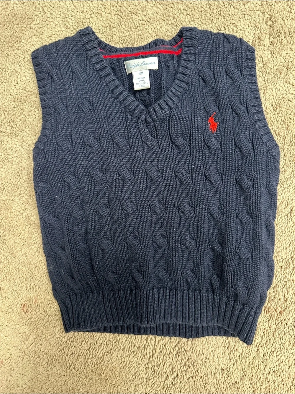 Ralph Lauren Navy Cable-Knit V-Neck Sweater Vest with Red Logo